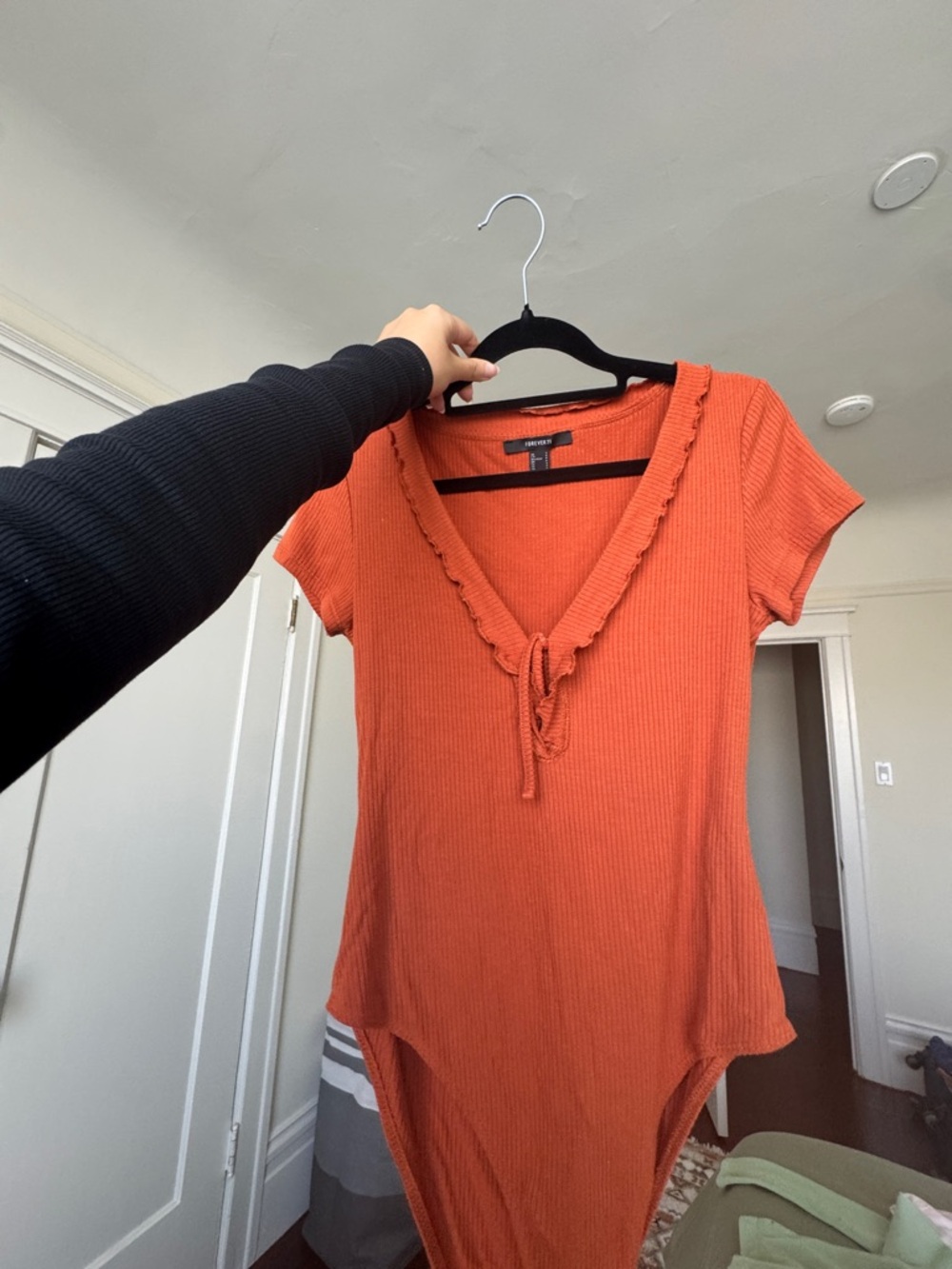 Forever 21 Orange Ribbed V-Neck Tie-Front Bodysuit